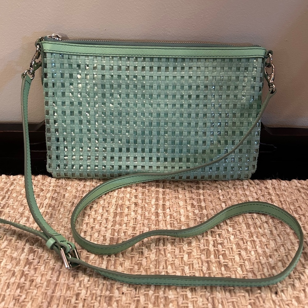 Fossil Sydney Woven Crossbody Bag Purse Green Teal Turquoise Leather ZB5715
